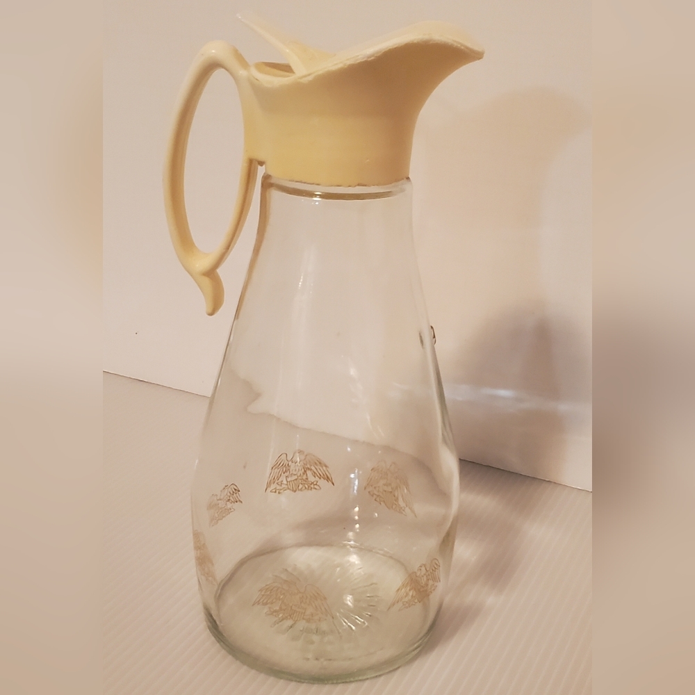 Vintage Log Cabin Syrup Dispenser Glass Eagle Pitcher Cottagecore Carafe MCM